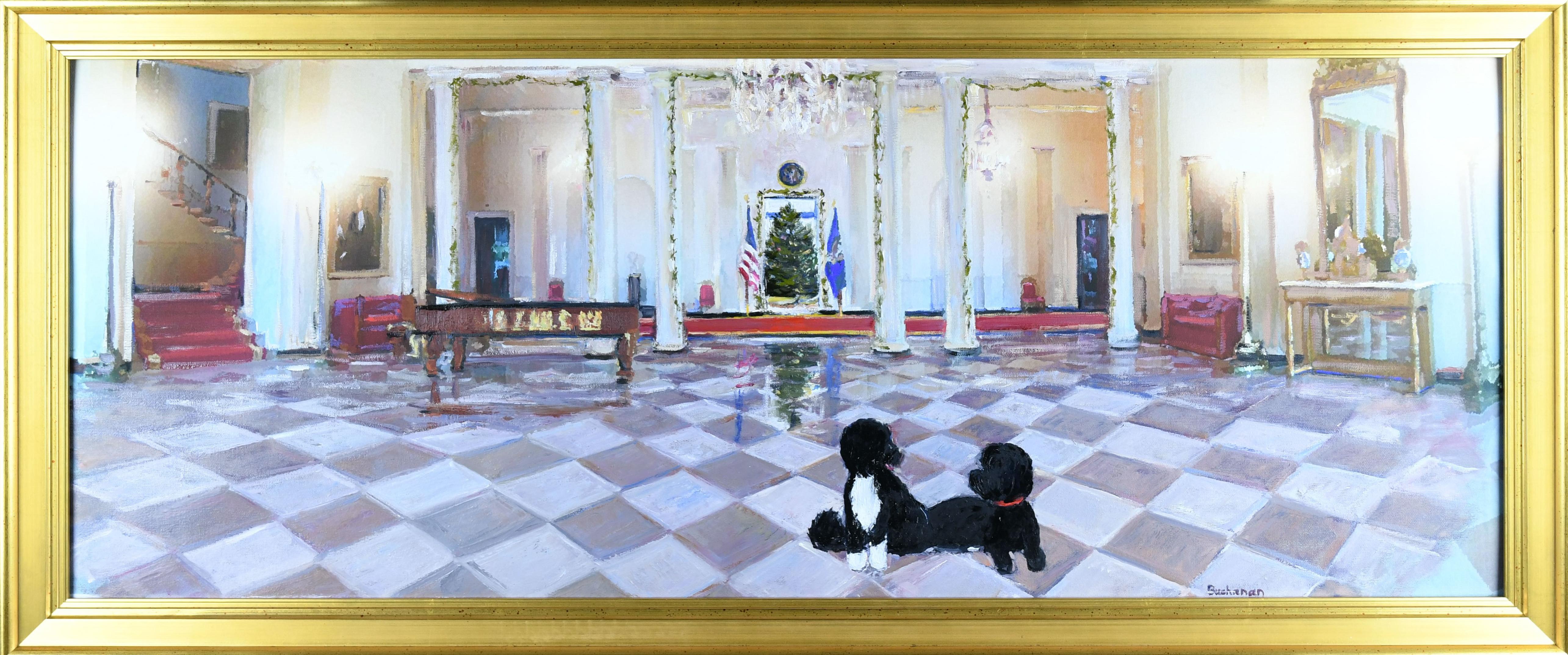 Artwork used for the 2014 WH Holiday Card depicting the dogs Bo and Sunny in the White House
Artwork used for the 2014 WH Holiday Card depicting the dogs Bo and Sunny in the White House