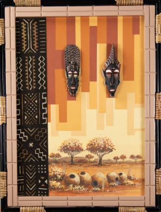 African Landscape Painting with Wood Masks