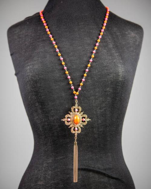 Metal Necklace with Pendant and Plastic Beads