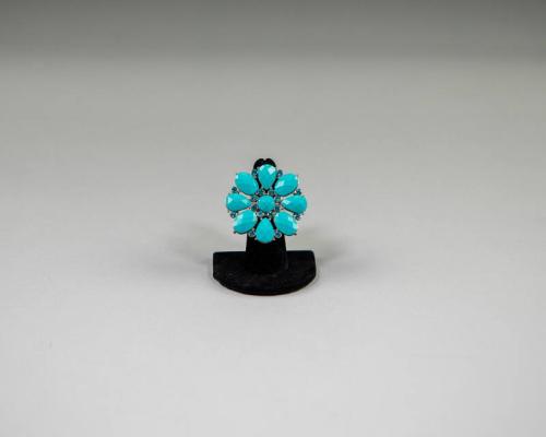 Bead and Rhinestone Blue Floral Ring