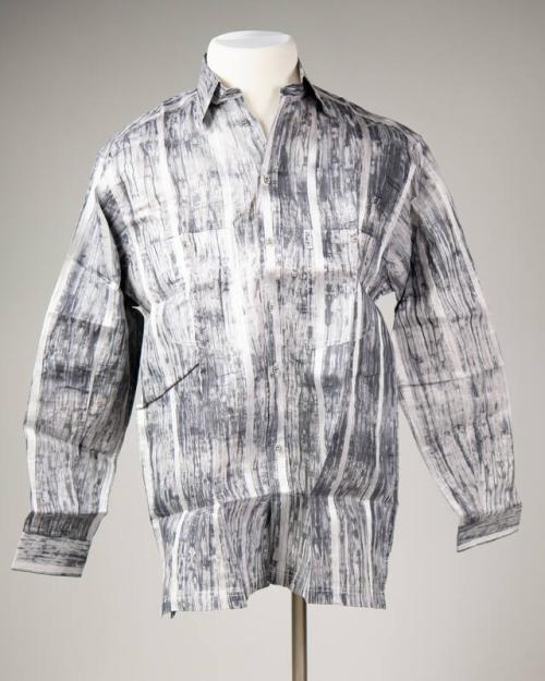 Gray and White Striped Dyed Button-Down Shirt