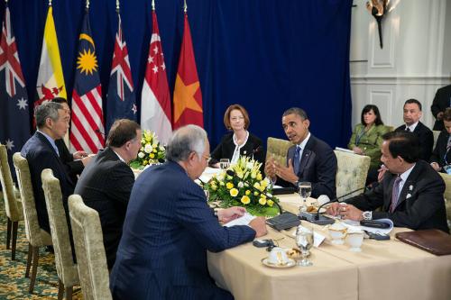 Image courtesy of the Barack Obama Presidential Library, President Barack Obama attends the Tra…