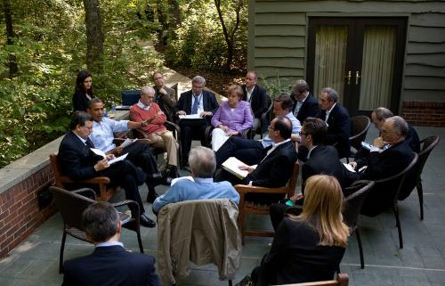 Image courtesy of the Barack Obama Presidential Library, President Barack Obama meets with Euro…