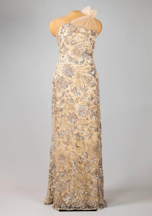 Beige One-Shoulder Evening Gown