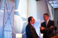 Image courtesy of the Barack Obama Presidential Library, President Barack Obama talks with Pres…