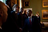 Image courtesy of the Barack Obama Presidential Library, President Barack Obama greets members …