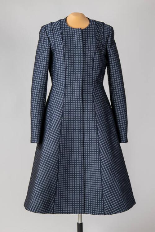 Navy Blue-Checked Jacquard Coat