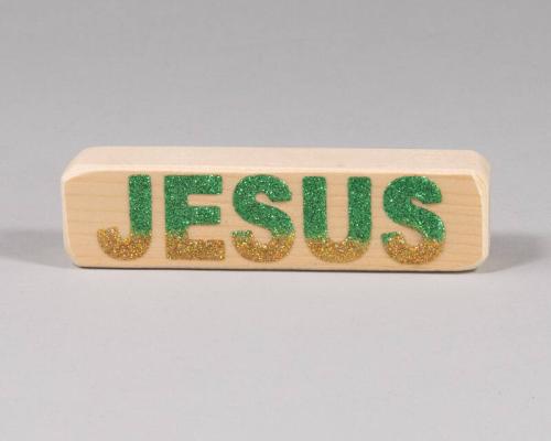 Green and Yellow Glitter Jesus Wood Block