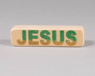 Green and Yellow Glitter Jesus Wood Block