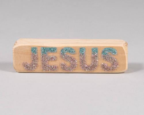 Lavender and Teal Glitter Jesus Wood Block