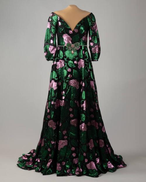 Green and Camellia Floral Evening Gown