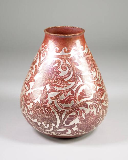 Copper Vase with Silver Leaf Design