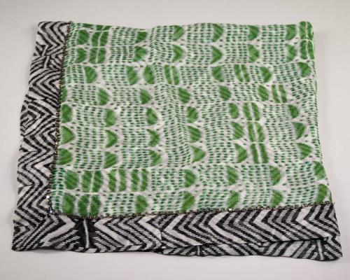 Green and White Patterned Silk Scarf