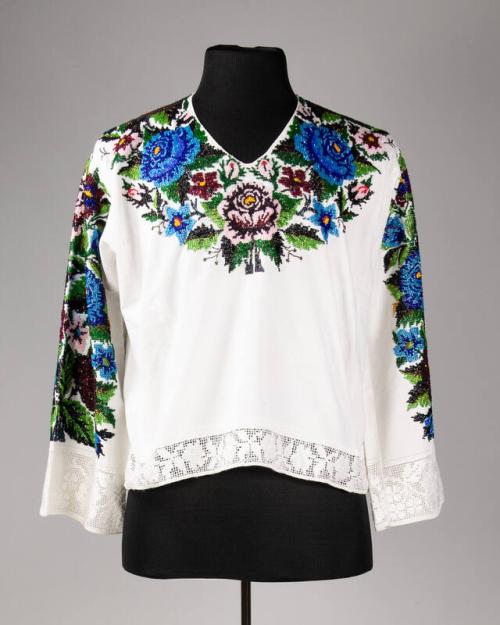 Beaded Floral Design and Lace Linen Shirt