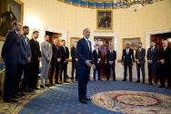 Image courtesy of the Barack Obama Presidential Library, President Barack Obama greets 2014 NBA…
