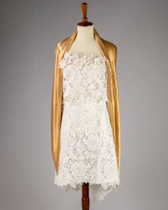 White Lace Strapless Dress and Gold Satin Wrap