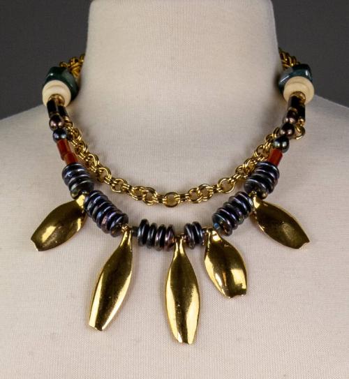 Brass Link Necklace with Petal-Shaped Beads