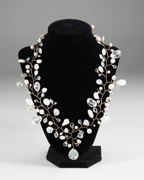 Silver Necklace with Pearls, Quartz Crystal, and Moonstones