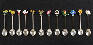 Sterling Silver Coffee Spoons with Enamel Depictions of Flowers