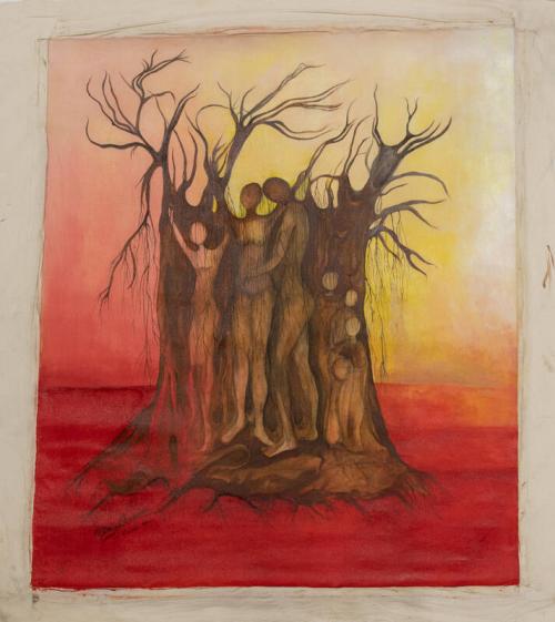 Abstract Oil Painting of a Tree and Human Figures