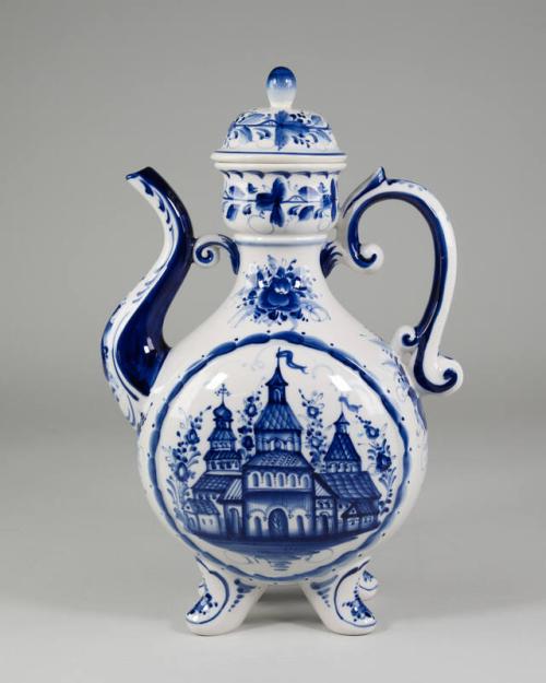 Blue and White Gzhel Ceramic Teapot