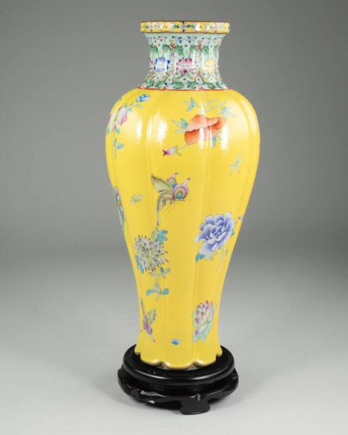 Yellow Vase with Flower and Butterfly Decorations