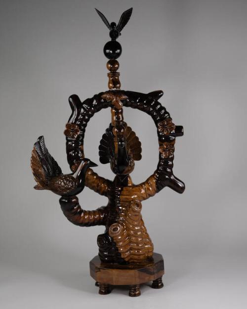 Wood Sculpture of a Tree and Birds