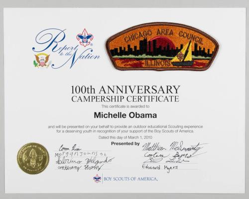 100th Anniversary Campership Certificate