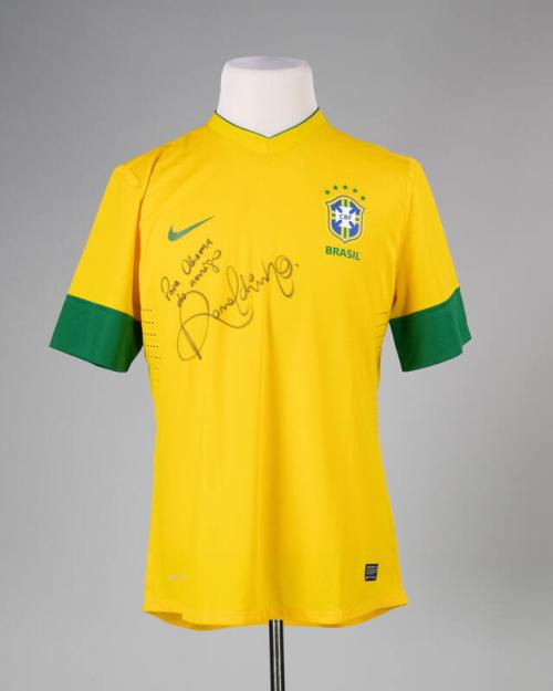 Brazil National Team Soccer Jersey Signed by Ronaldinho for President Barack Obama