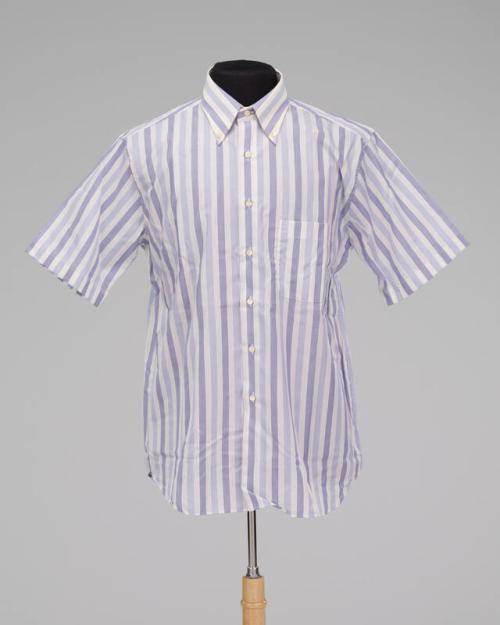 White Short-Sleeve Button-Up Shirt with Vertical Blue Stripes