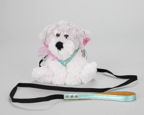 Plush Dog with Teal Harness and Leash