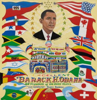 Portrait of President Barack Obama Surrounded by Flags of the World