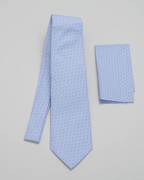 Light Blue Necktie and Pocket Square with Grid Pattern