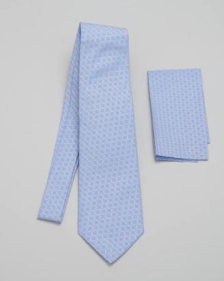 Light Blue Necktie and Pocket Square with Grid Pattern