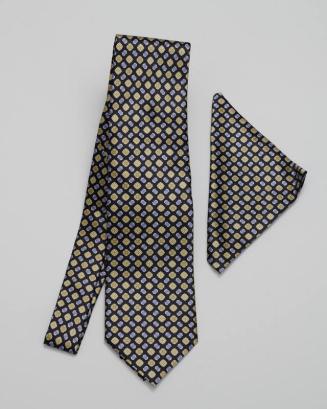 Black Necktie and Pocket Square with Repeating Blue and Gold Design