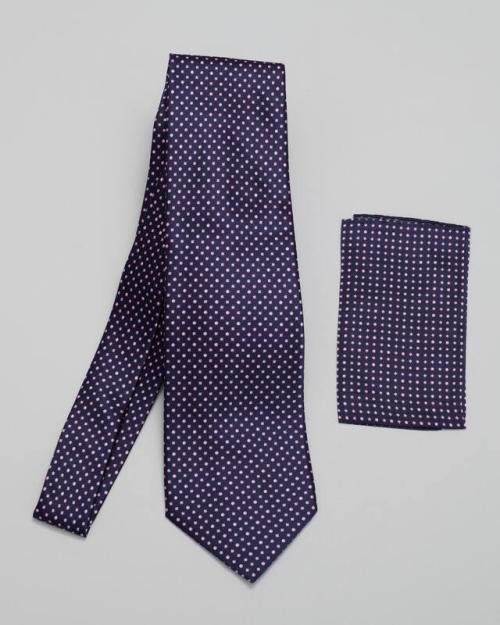 Navy Blue Necktie and Pocket Square with Circle and Star Pattern