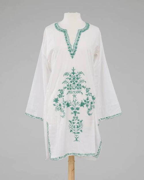 White Tunic with Green Floral Embroidery