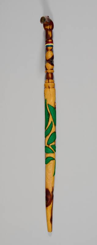 Carved Wood Cane with Green Leaves