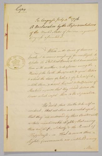 Copy of the American Declaration of Independence 1776 Laid Before the House of Lords in Jan. 20, 1778.