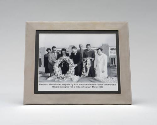 Photograph of Reverend Martin Luther King Jr. at Mahatma Gandhi's Memorial
