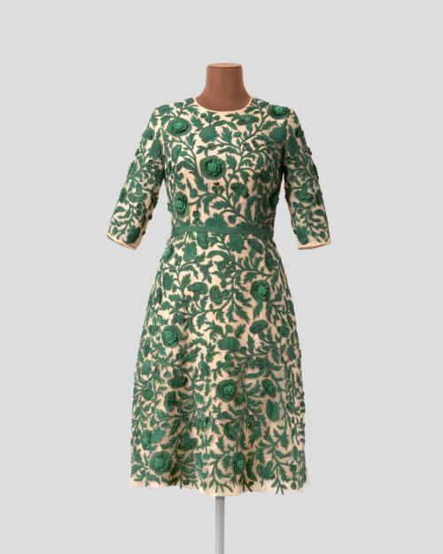 Green Floral Lace and Beige Dress