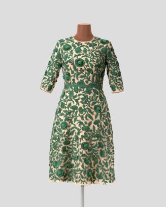 Green Floral Lace and Beige Dress