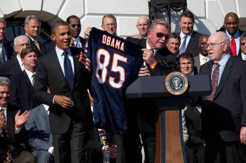 Image courtesy of the Barack Obama Presidential Library, Former Chicago Bears coach Mike Ditka …