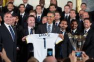 Image courtesy of the Barack Obama Presidential Library, Galaxy Coach Bruce Arena presents Pres…