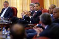 Image courtesy of the Barack Obama Presidential Library, President Obama applauds during the he…