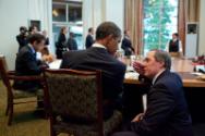 Image courtesy of the Barack Obama Presidential Library, President Barack Obama talks with Mich…