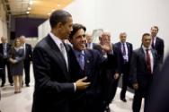 Image courtesy of the Barack Obama Presidential Library, President Barack Obama walks with Davi…