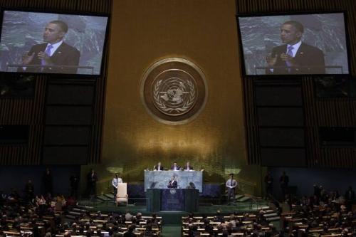 Image courtesy of the Barack Obama Presidential Library, President Barack Obama addresses the U…