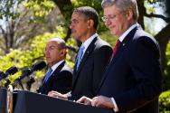 Image courtesy of the Barack Obama Presidential Library, President Barack Obama holds a joint p…