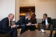 Image courtesy of the Barack Obama Presidential Library, President Barack Obama meets with Pres…